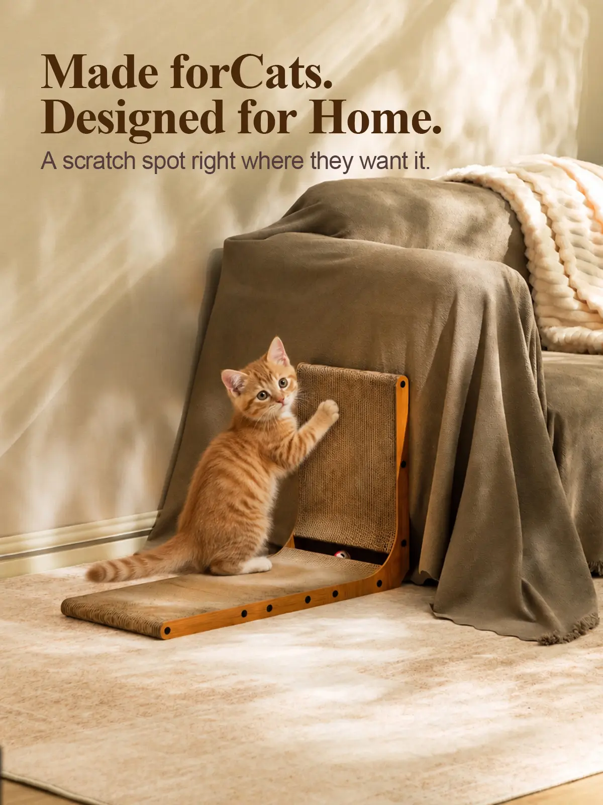 Anigrid L-Shaped Vertical Cat Scratcher, Indoor Cat Scratching Post with Bell Toy, Easy to Assemble