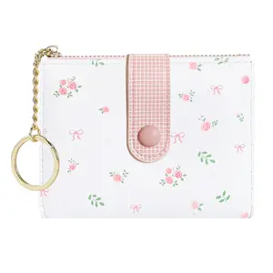 Cute Rose Print Bow Wallet Small Bifold Wallet with Zipper Coin Purse Card Holder ID Window for Women Girls