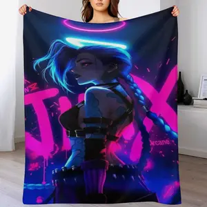 "Arcane" Jinx Neon Aura Throw Blanket — Jinx Pink & Blue Aesthetic Comfort Blanket — Piltover Nightmare Gamer Room Decor