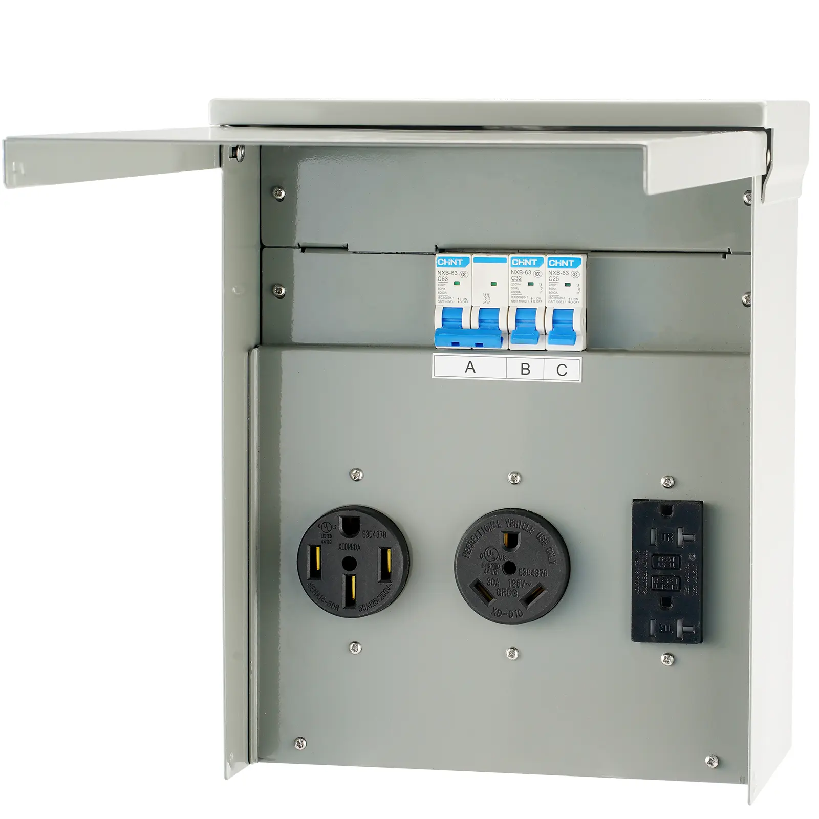 【summerfinds】VEVOR Temporary Power Outlet Panel, 125/250V, RV Power Outlet Box with a 20/30/50 Amp Receptacle Installed, NEMA 14-50R / NEMA TT-30R / 15A GFCI for RV Camper Trailer Motorhome, Tested to UL Standards