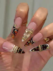 Luxury Tiger Stripe Press On Nails | Gold Charm Stiletto Design | Bold Glam Statement Set