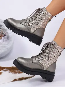 Women's Silver Sequined Warm Combat Boots, Lace - Up Walking Shoes with Chunky Platform Sole, Eye - Catching & Glamorous Footwear for Fashion - Forward Looks, Versatile Boots with Sparkly Sequins for Party, Night Out or Casual Walking Occasions