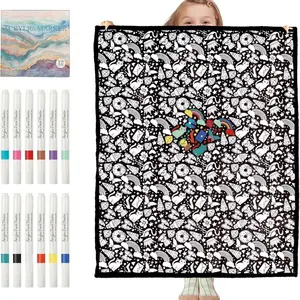 Color-Your-Own Blanket for Kids & Adults, DIY Interactive Fuzzy Velvet Throw with 24 Acrylic Markers, Creative Art Blanket for Family Fun & Travel, Festival & Graduation Gifts, Color Blanket, Tapestry