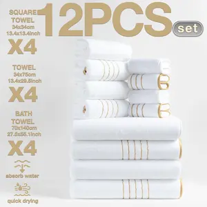 Luxury Gold Thread Edge Bath Towels Set, 12-Piece Reusable Bathroom Accessories, Quick-Dry Absorbent Microfiber, Ideal for Home & Travel, Premium Bath Towels