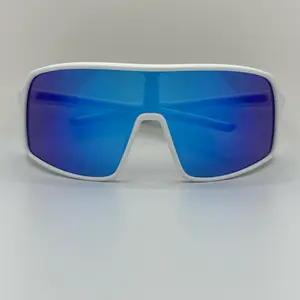 Blue Mirrored Polarized Sports Sunglasses with UV Protection for Men and Women Stylish White Frame Lightweight Durable Wraparound Design