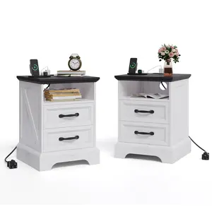 Farmhouse Nightstand with Charging Station, Large Rustic Bedside Table with 2 Drawers & Open Shelf, USB Ports & AC Outlets for Bedroom, White