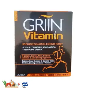 Griin Vitamin - Helps Fight Exhaustion & Recover Energy - 12 Pouches of 10 mL Each - B Complex, Guaraná, Maca, Eleuthero, Ginseng Supplement