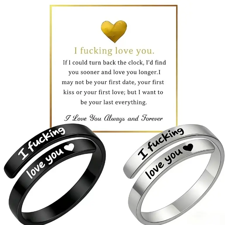 Vintage Stainless Steel Ring with "I F*cking Love You" Engraved Heart, Simple Unisex Promise Band, Adjustable Spiral Wrap for Valentine's Day Gift, Custom Fit