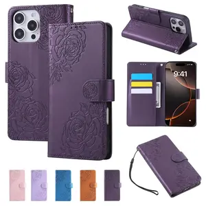Rose Embossed Fashion Flower Pattern Wallet Phone Case, PU Leather Flip Stand Phone Case, Anti-theft Brush Phone Cases for iPhone 13 14 15 16 Plus Pro Max, Cover