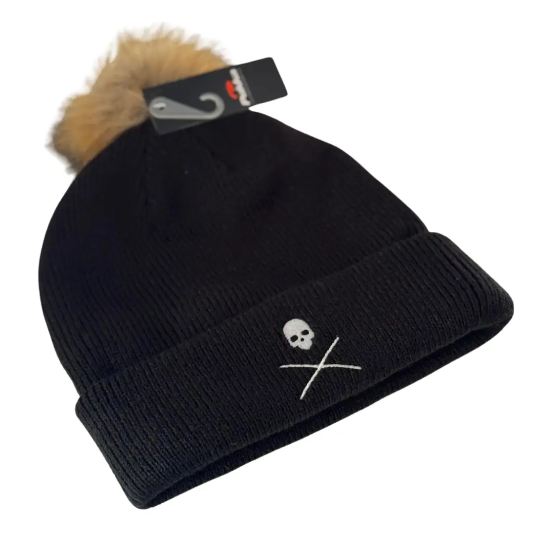 Intoxicated Cosmetics Knit Skull Embroidered Hat with Faux Fur Tassle