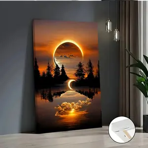 Exquisite 2D flat oil painting, solar eclipse landscape, oil painting style poster, wall decoration, living room decorative painting, solid wood frame, 16*24inch, 24*36inch, 2D flat design