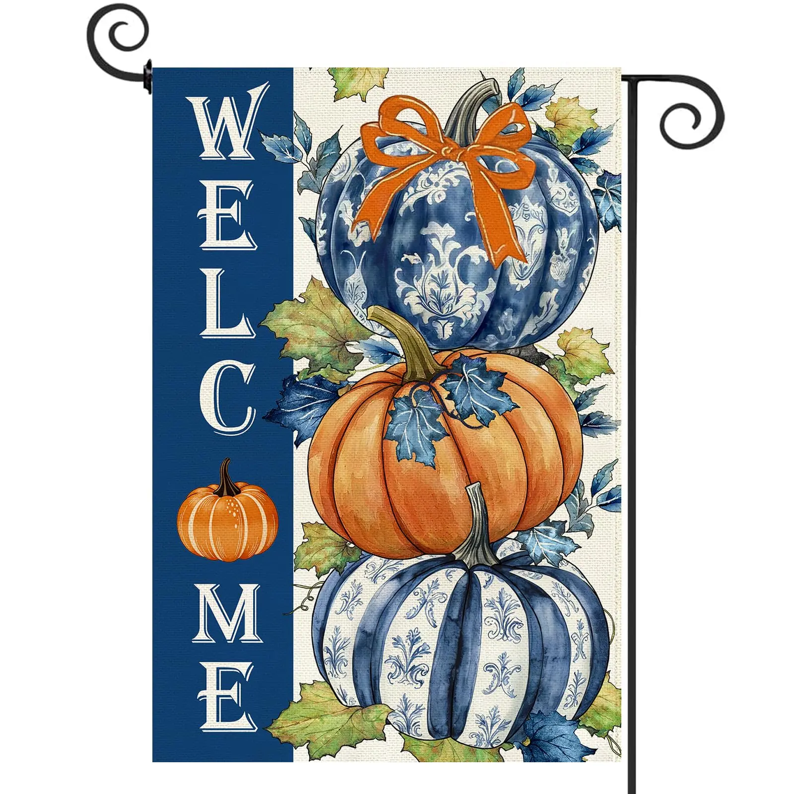Fall Welcome Pumpkin Garden Flag 12x18 Inch Double Sided,Autumn Thanksgiving Day Blue and White Porcelain Outside Outdoor Seasonal Burlap Small Flags Home Lawn Yard Patio Decoration