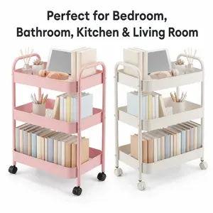 [DealsForYouDays] Pink 3-Tier Rolling Utility Cart, Multifunctional Metal Storage Organizer with Lockable Wheels, Portable Kitchen Cart, Mobile Storage Rack for Bathroom, Bedroom, Laundry Room, Office, Dorm and Home Organization