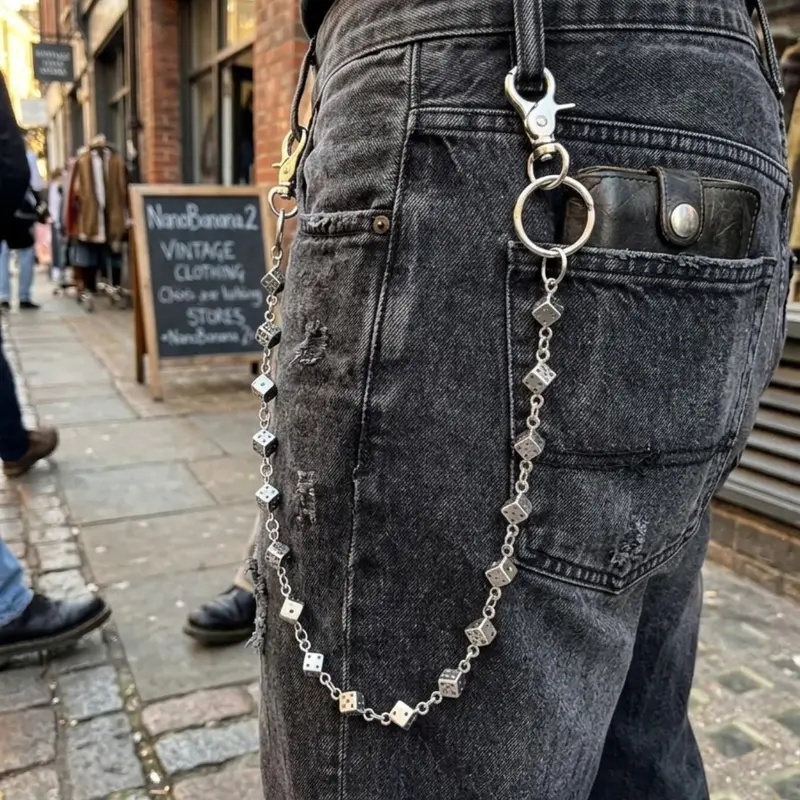 Punk Dice Wallet Chain, Silver Alloy Hip Hop Gothic Pants Chain, Clip Carabiner Clasp, Unisex Accessory for Jeans and Keys, Gift