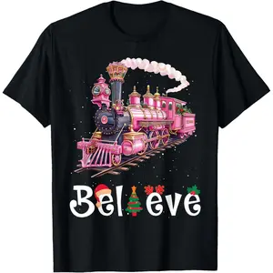 Christmas North Pole Polar Express Family Xmas Believe Train T-Shirt, 100% Cotton, Single Side Printed, Black Short Sleeve T-shirt, 1 pc, Christmas Halloween Thanksgiving Gift