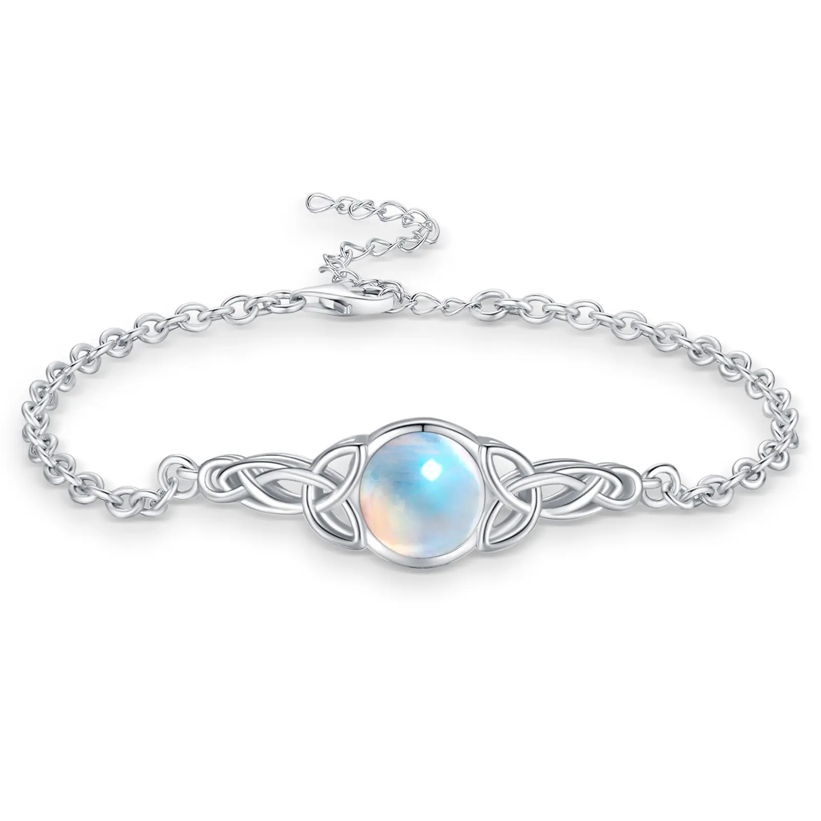 DRINSPER S925 Celtic Knot Design Moon Stone Bracelet Elegant 925 Sterling Silver Bracelet for Women Viking Gemstone Jewelry Irish Adjustable Bracelets Gifts for Birthday Wedding Engagement