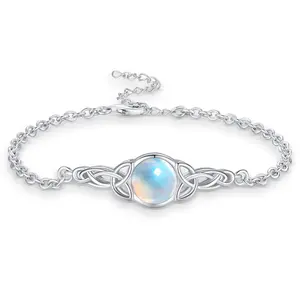 DRINSPER S925 Celtic Knot Design Moon Stone Bracelet Elegant 925 Sterling Silver Bracelet for Women Viking Gemstone Jewelry Irish Adjustable Bracelets Gifts for Birthday Wedding Engagement