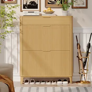 Oxirth 41.57" Fluted Shoe Cabinet with 2 Flip Drawers & Top Drawer, Narrow Shoe Storage Cabinet with Anti-Tip Kit, Robotic Vacuum Friendly Shoe Rack for Entryway (Natural Wood)