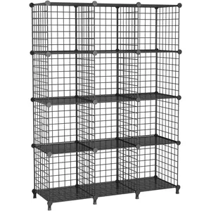 12-Cube Storage Organizer, Metal Wire Cube Shelving Unit, 11.8" L x 11.8" W x 11.8" H, Modular Grid Bookshelf for Closet, Bedroom, Office, Black