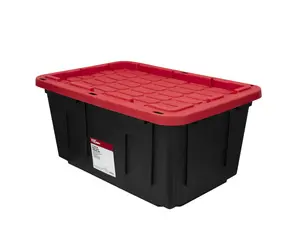Hyper Tough Large Storage Bin, 27 Gallon Plastic Storage Container with Snap-On Lid, Black and Red