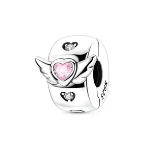 MULA Heart Wing Security Clip - 925 Silver-plated Pink CZ Love Lock Beads, Romantic Winged Heart Pendant, Compatible with Pandora Bracelets, Great Gift for Women and Girls