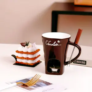 Ceramic Ice Cream Cup with Fork, 1 Set Creative Heat Resistant Coffee Cup with Handle, Chocolate Cup, Drinkware for Home Kitchen, Mug