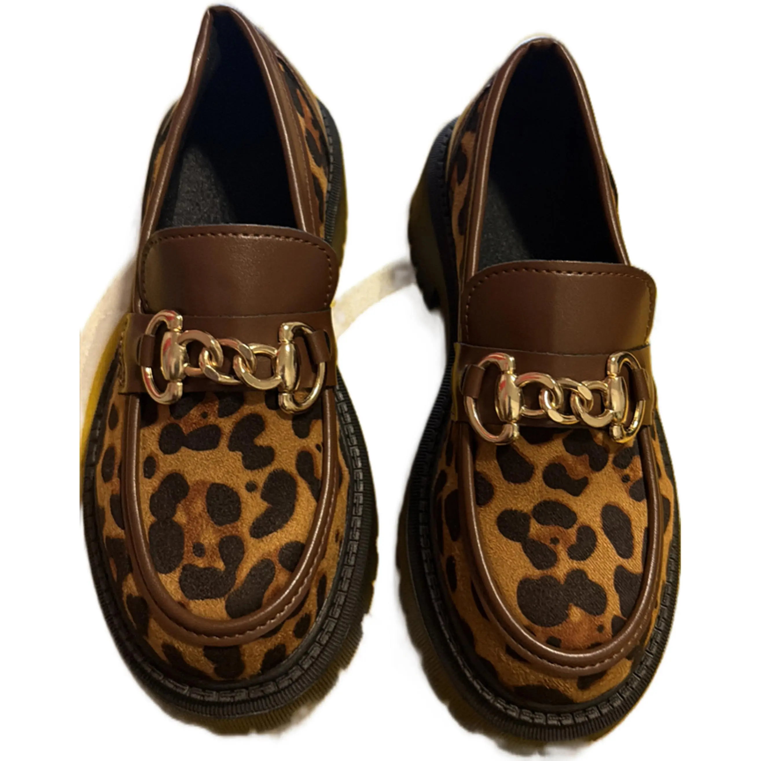 Brown Leopard Print Loafers with Gold Chain Detail Size 36