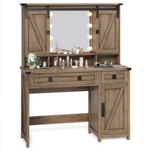 Sikaic Makeup Vanity with LED Mirror Sliding Barn Doors Brown