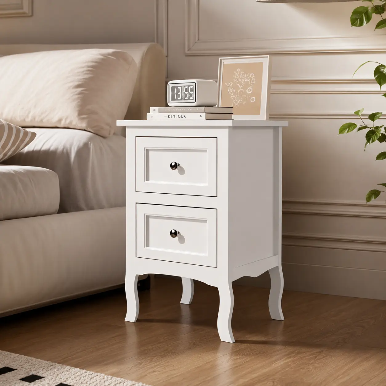 Pastoral Style Double Drawer Bedside Table White Black Blue Pink Brown Grey Painted Surface Density Board Sturdy Durable Functional Nightstand Compact Bedside Cabinet for Bedroom Home Organization Farmhouse Decor Spacesaving Solutions