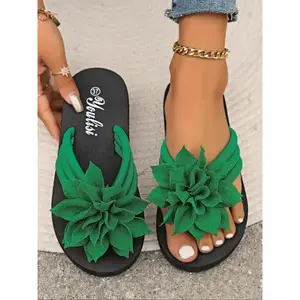 2026 Women's Fashionable Plain Color Flower Decorated Slides, Boho Style Slides, Casual Comfortable Flat Sandals for Summer, Lightweight Breathable Shoes for Daily Wear,