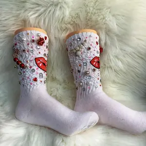 PATCHWORKZ Custom Bling Love Charm Socks - Women's Comfort with Decorative Bling, Patches, Charms, Rhinestones, and Faux Pearls -Womenswear