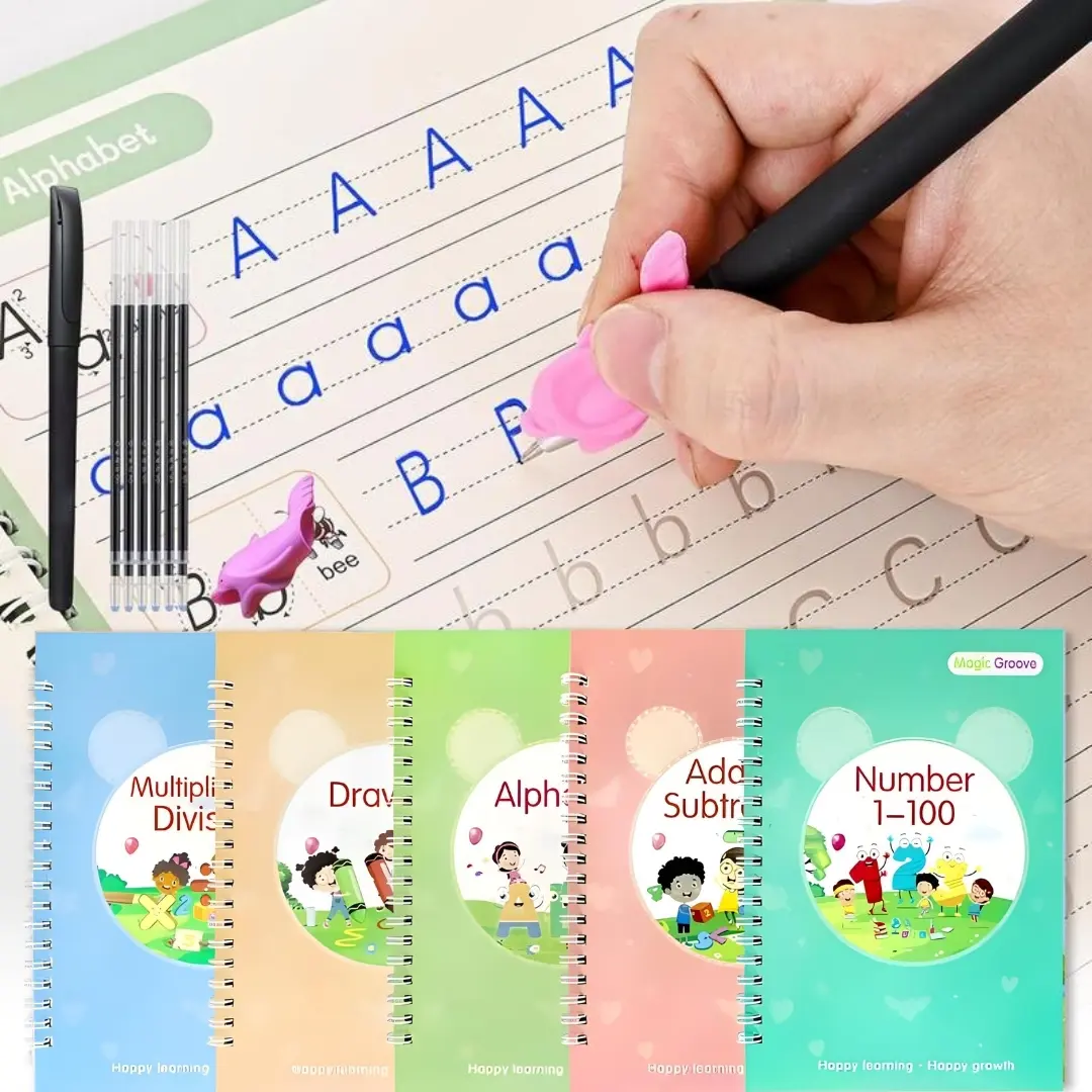 5 Pcs Magic Grooved Practice Copybook, Reusable Writing Magic Book, Grooved Handwriting Workbooks, Large Practice Scribe Book Set for Kids Preschool Calligraphy Learning Number Letter Math Drawing Tracing Books