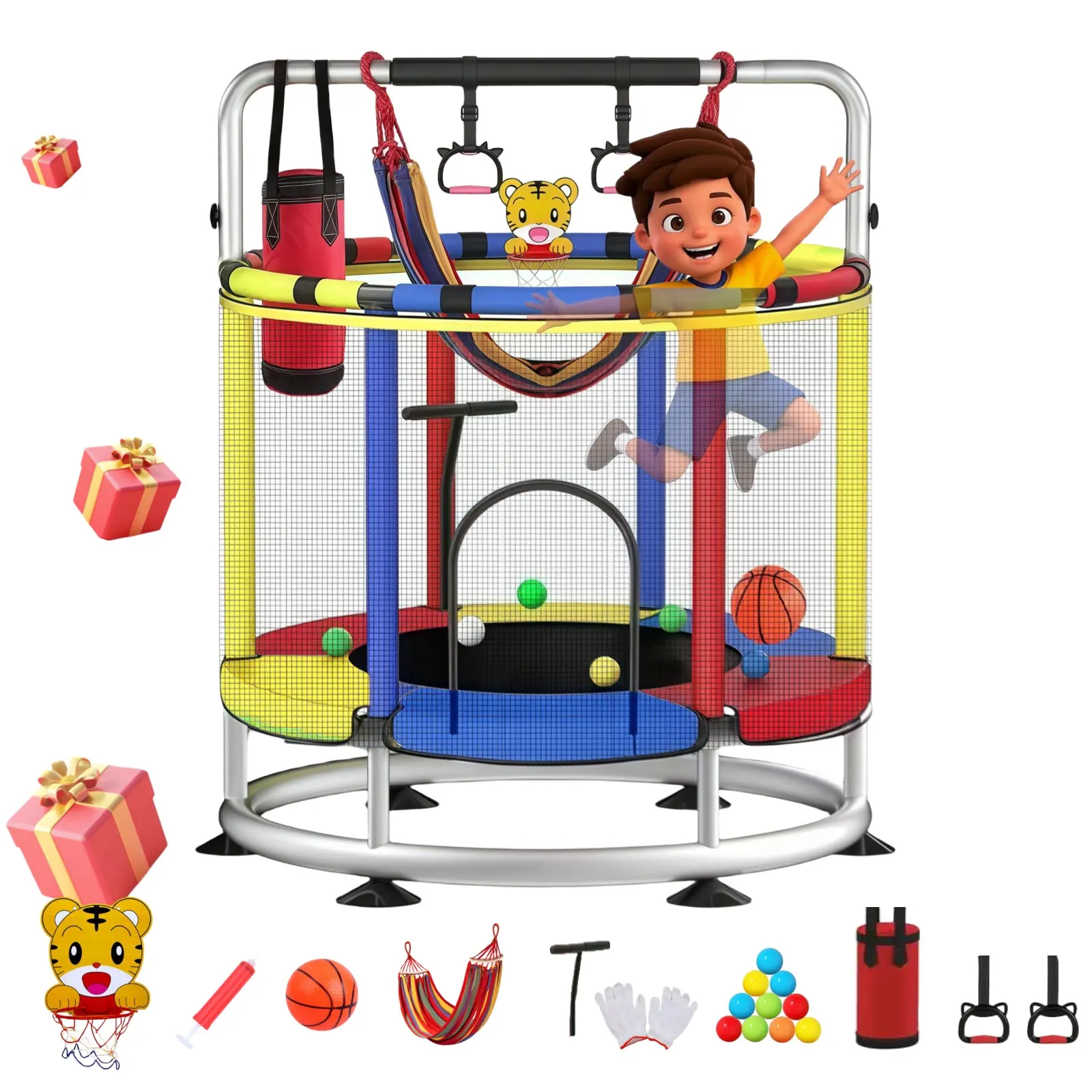 Kids Trampoline with Safety Enclosure - Ideal for Indoor & Outdoor Use in the USA! 440 lb Capacity, Seamless Safety Design, Adjustable Gymnastics Bar Included - Perfect Holiday & Birthday Gifts 55 Inch Portable Play