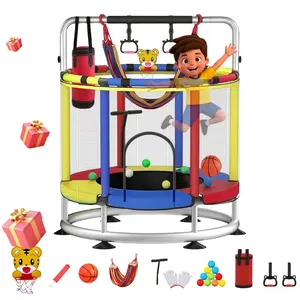 Kids Trampoline with Safety Enclosure - Ideal for Indoor & Outdoor Use in the USA! 440 lb Capacity, Seamless Safety Design, Adjustable Gymnastics Bar Included - Perfect Holiday & Birthday Gifts 55 Inch Portable Play