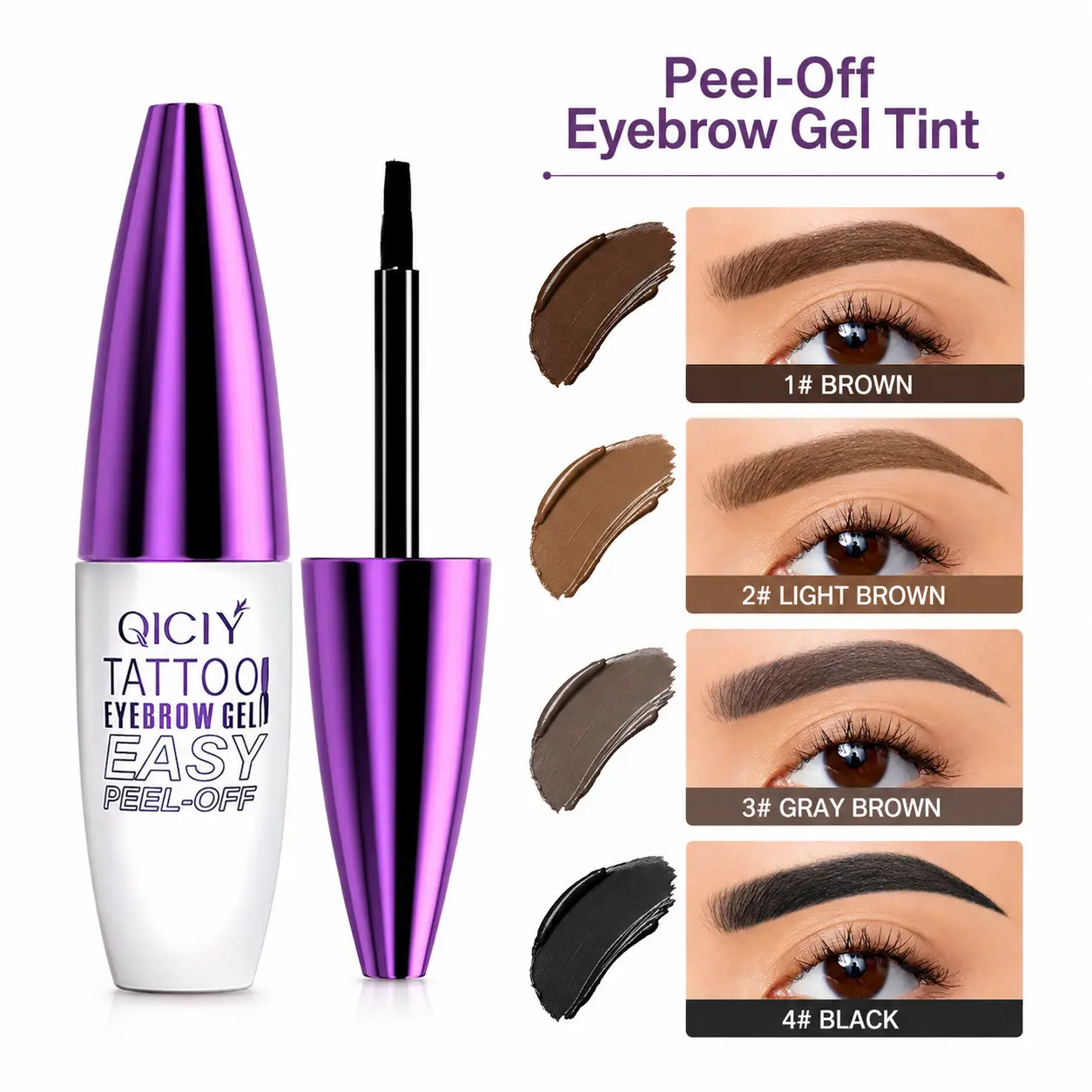 Peel-Off Eyebrow Gel Tint, Long-Lasting Brow Stain with Precision Applicator, Natural-Looking Defined Brows, 4 Shades