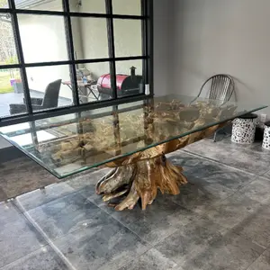 Teak Root Dining Table: Modern Tempered Glass Top, Live Edge