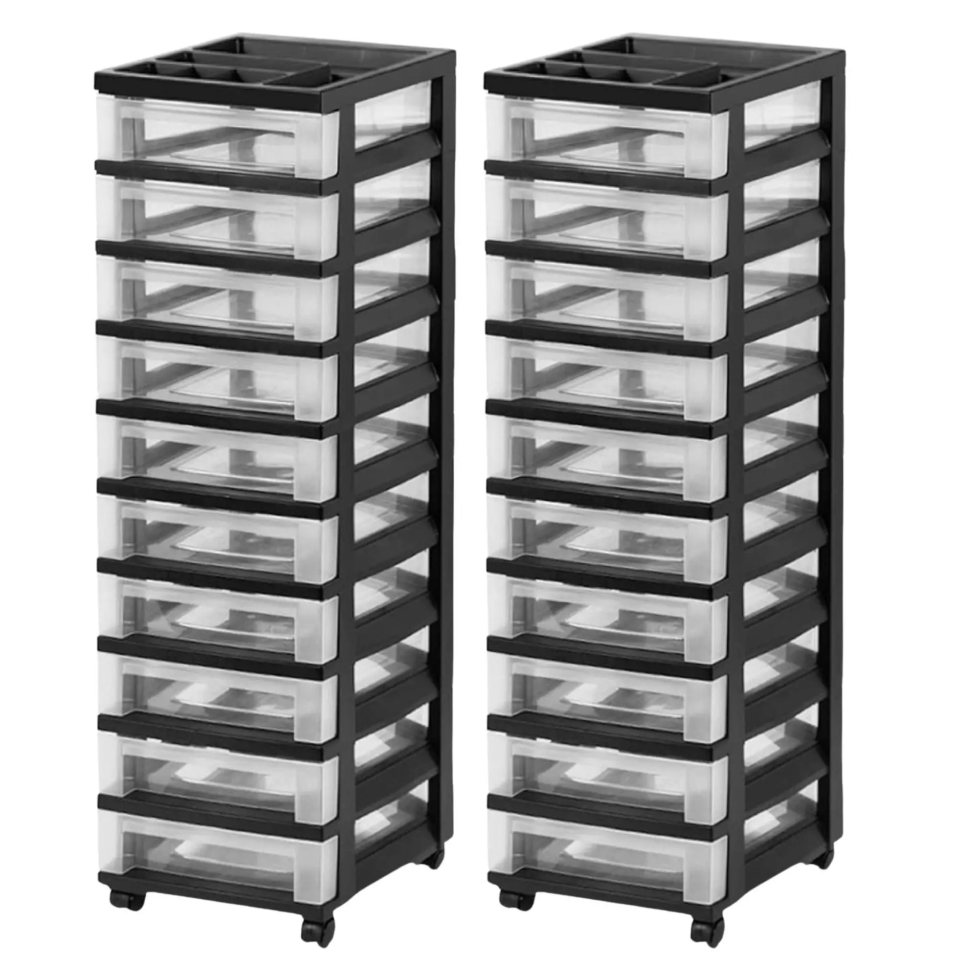 IRIS USA 2 Pack 10-Drawer Plastic Storage Organizer Cart & Caster Wheels, Black