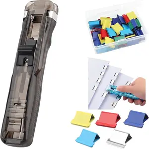 Portable Binder Clip Stapler - Includes 50 Reusable Clips Desktop Push Stapler Binder Clips Paper Clamps Small Binding Office Supplies Handheld Stapler Staples Set Desk Paperclip Dispenser Office Stationery Supplies