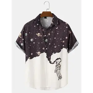 Dreamy Starry Sky Hawaiian Shirt Menswear, Retro Collared Button Down Shortsleeve Aloha Top, Casual Tropical Polyester Streetwear Man Outfit