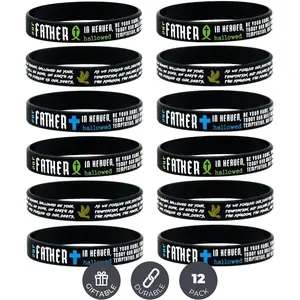 (12-pack) The Lord's Prayer  Bracelets w/Christian Fish, Cross, &  Symbols - Wholesale Bulk Pack of Religious  Wristbands