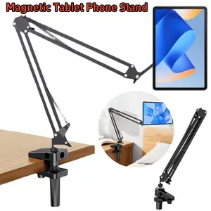 2 IN 1 Magnetic Tablet Phone Holder for Desk, N52 Strong Magnet Desk Phone Mount Stand Bracket Desktop Clamp Adjustable Arms with Phone Clip, for Office Meetings Bedside Video, 360° Rotatable for iPhone iPad mini/Air/Pro Galaxy Tabs All 4.7-13.5" Tablets