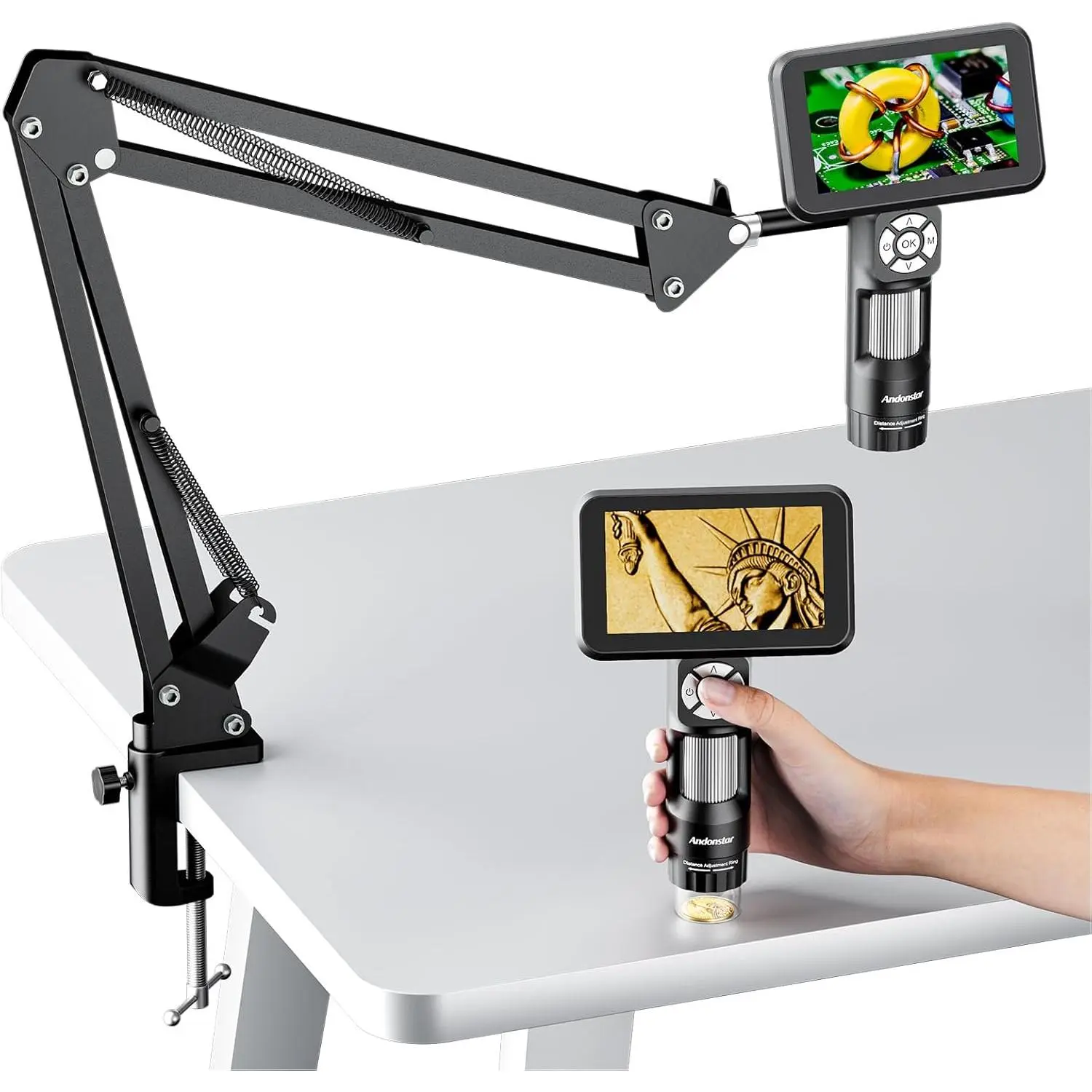 AD115 2-in-1 Flexible Coin Microscope with 5" Screen, Built-in Light, Adjustable Boom Arm Stand - for Error Coin Inspection, Electronics Soldering, Windows, Mac, USB Connectivity, Backyard & Classroom Use, 2-In-1 Flexibility