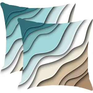 Blue Teal and Grey Boho Throw Pillow Covers 16x16 t Of 2 Summer Outdoor Abstract Stripe Pillows Cover Mid Century Modern Decorative Pillow Ca Farmhou Cushion Cover for Home Couch Bed Sofa Decor