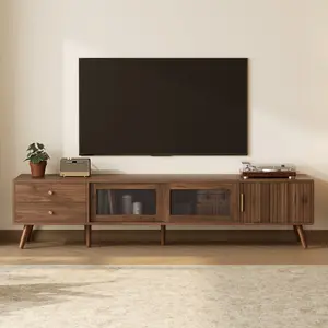 76" Modern Minimal Glass-Doors TV Stand for TVs up to 85 Inches, Wood-Grain Entertainment Center with Storage Cabinets, TV Media Console Table for Living Room, Bedroom