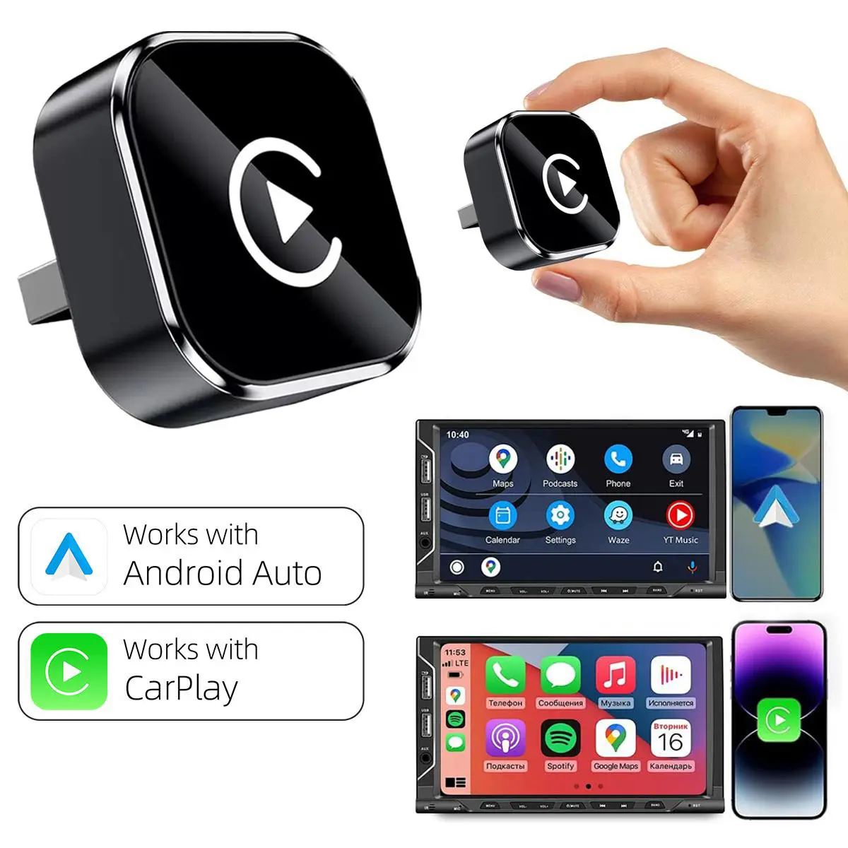 【Summervibes】YURNLV New 2026 Wireless CarPlay Adapter, compatible with iPhone/Android systems, supports hands-free calling.