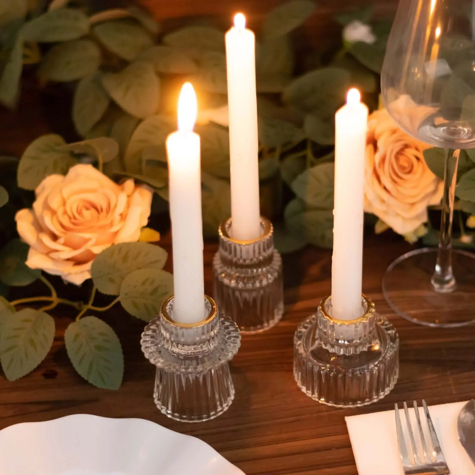 Set of 6 Glass Taper Candle Holders 3" Ribbed Crystal Design with Gold Rim Clear - Reversible Mini Votive Tealight Stands