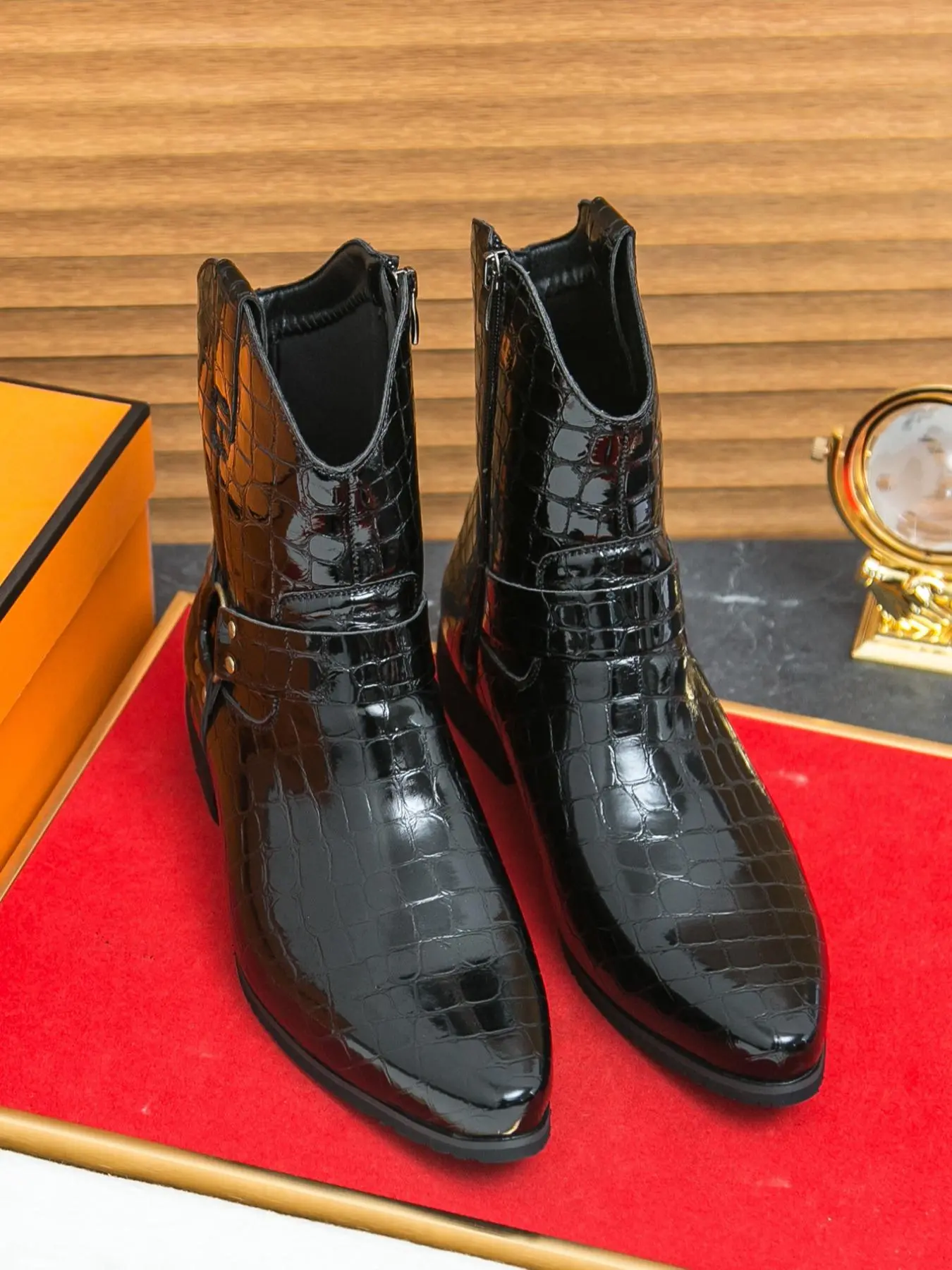 Men's Business Fashion Crocodile Embossed Zipper Formal Boots, Fashionable Pointed Toe Boots for Work Office, Male All-match Shoes for Daily Wear Rubber