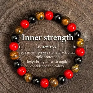 Inner Strength 8mm Natural Gemstone Bracelet - Red Jasper, Tiger Eye & Black Onyx Beads - Triple Protection Grounding Chakra Meditation Yoga Jewelry For Women & Men - Vintage Boho Sports Style Accessory, Ideal Gift For Boyfriend Or Couples