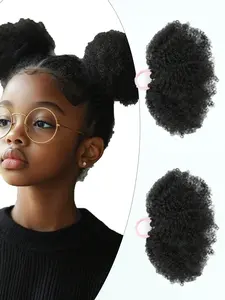 2-Pack Kid's Double Afro Puffs – Kinky Curly Texture Hair Buns with Elastic Bands for Little Girls, Natural Black Synthetic Hair for Holiday Parties & Daily Wear