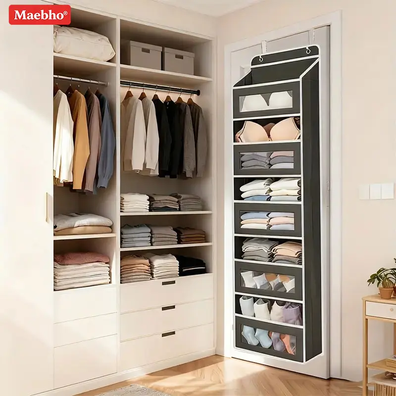 Door Hanging Storage Rack with 5+5 Pockets for Everyday Storage 5 Large Clear & Mesh Side Pockets for Bedrooms Bathrooms & Food Storage Rooms Grey Organizer Set 10 - 15 Kg Capacity Organizing,storage organization,bedroom storage